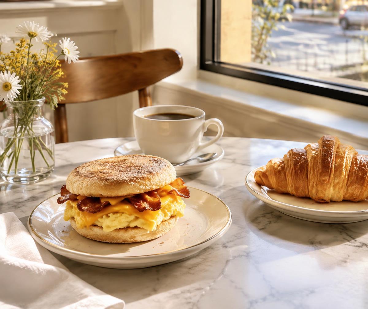 Breakfast sandwich, croissant and coffee by a sunny window