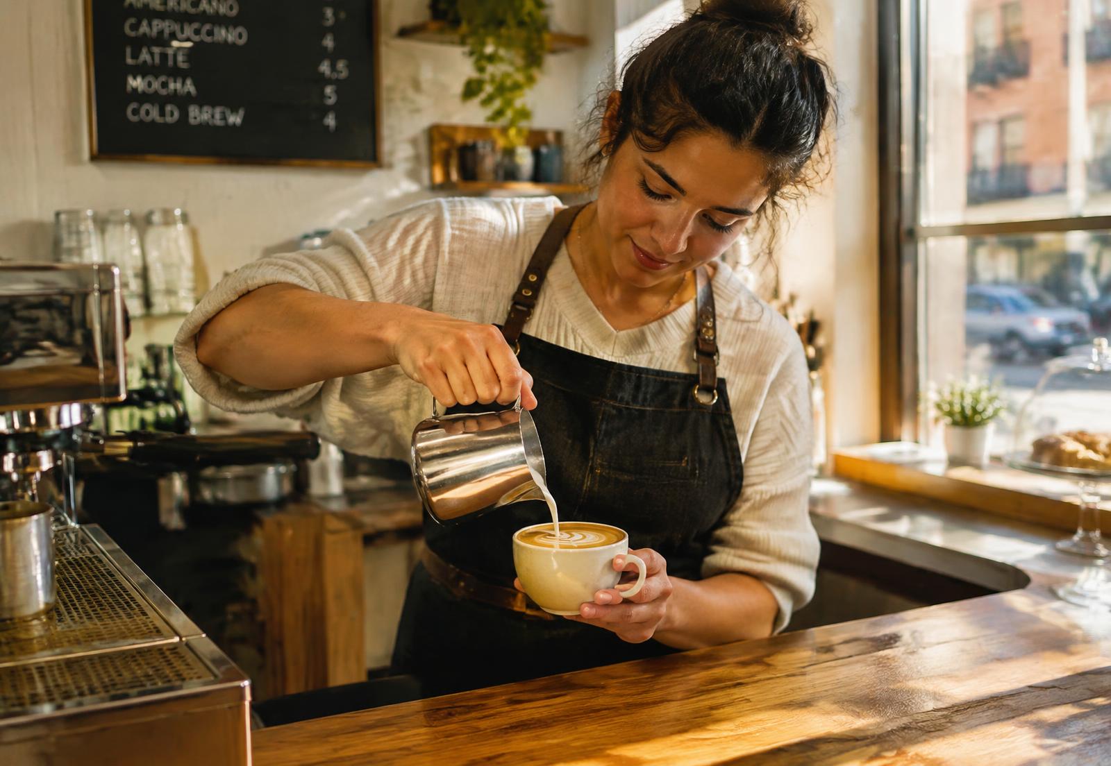 Barista pouring latte art at a sunlit café counter