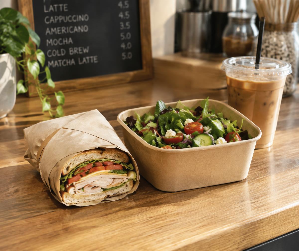 Wrapped sandwich, fresh salad and iced coffee ready for takeaway