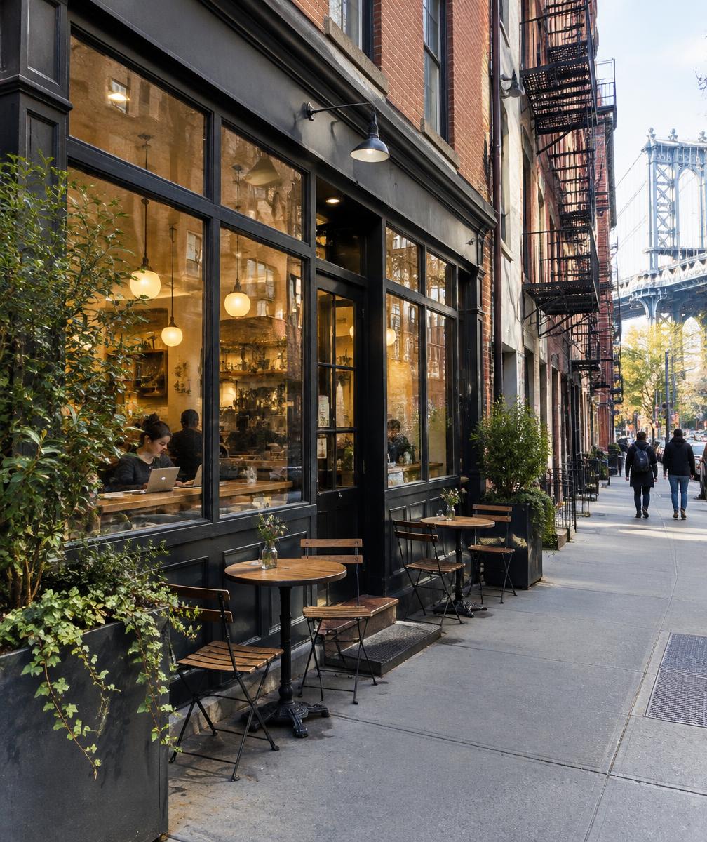 Café storefront with sidewalk tables on a Lower Manhattan street